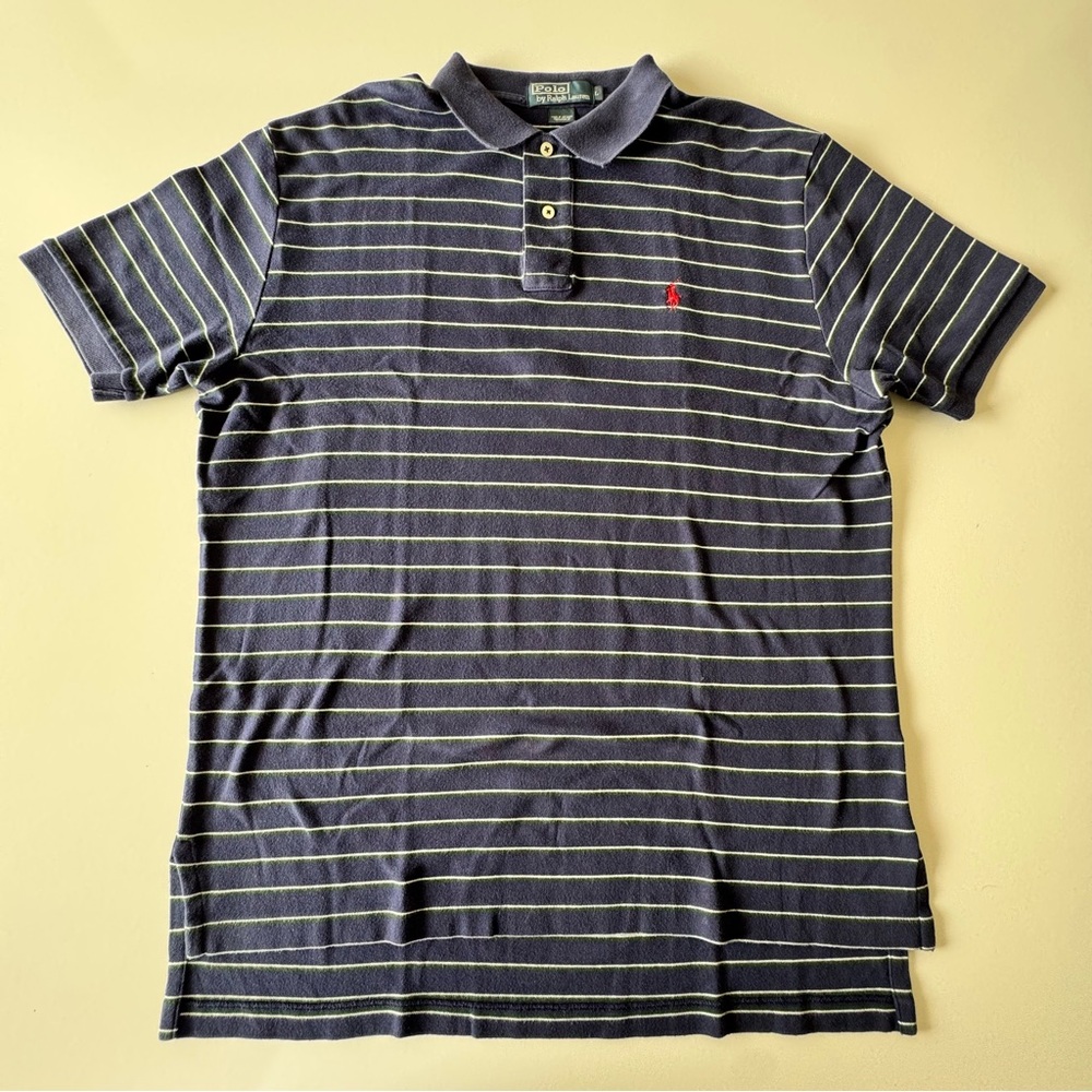 Polo Ralph Lauren Mens 100% Cotton Polo Shirt Large Navy green cream microstripe